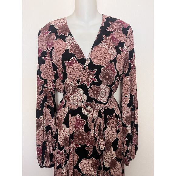 Christy Dawn Bergen Floral Wrap Long Sleeve Maxi Dress Sz Large Black Brown - Picture 2 of 11